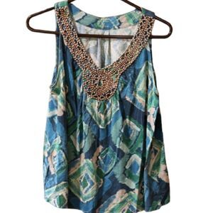 Sonoma Blue Ikat Print Wooden Beaded Neckline Tank Top Petite Large